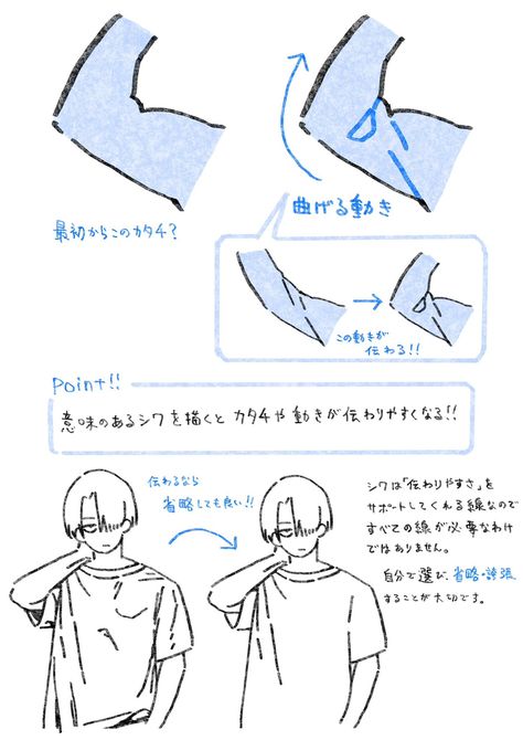 the image is a tutorial on how to draw realisticlooking arms, specifically focusing on the wrinkles and folds that occur when the arm bends. it emphasizes that not every wrinkle needs to be drawn, but rather focusing on the ones that best convey the form and movement of the arm. the tutorial is in japanese and features simple line drawings of a male figure demonstrating the concepts.