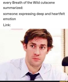 this meme shows jim halpert from the office, and uses him to represent the emotional cutscenes from breath of the wild. the text above him says "every breath of the wild cutscene summarized: someone: expressing deep and heartfelt emotion".  it's funny because it pokes fun at the sometimes dramatic cutscenes in the game.