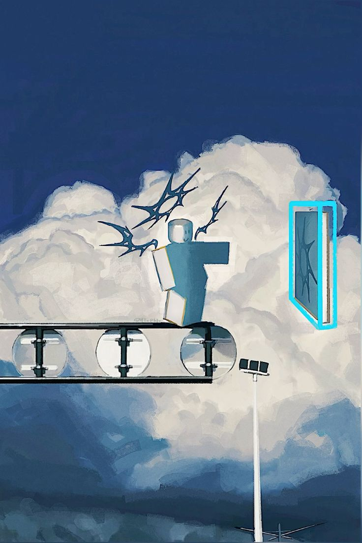the image shows a digital illustration of a roblox avatar standing on a platform with turbines. the avatar has wings and is facing a book. in the background, there are clouds and a light post.