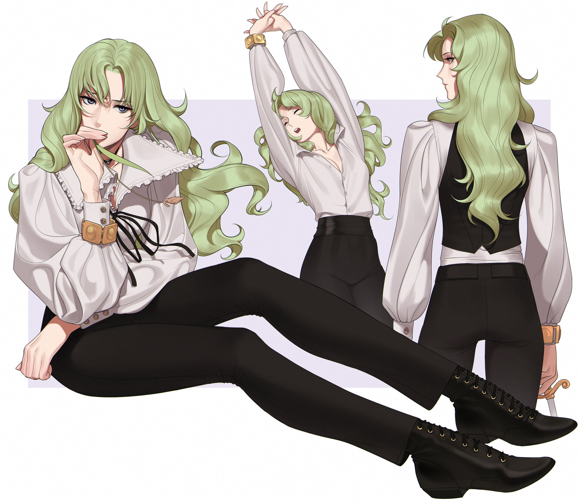 the image showcases concept art of a character, likely designed for a fantasy setting. the character, with their flowing green hair, exudes an air of elegance and strength. they are depicted in three different poses, all showcasing their attire, a stylish blend of pirate and musketeer aesthetics. the poses highlight the intricate details of their outfit  a white, frilly shirt paired with a black vest and formfitting trousers. their accessories, including a distinctive belt and black buckled boots, add to their roguish charm. the character's confident demeanor suggests a swashbuckling personality.