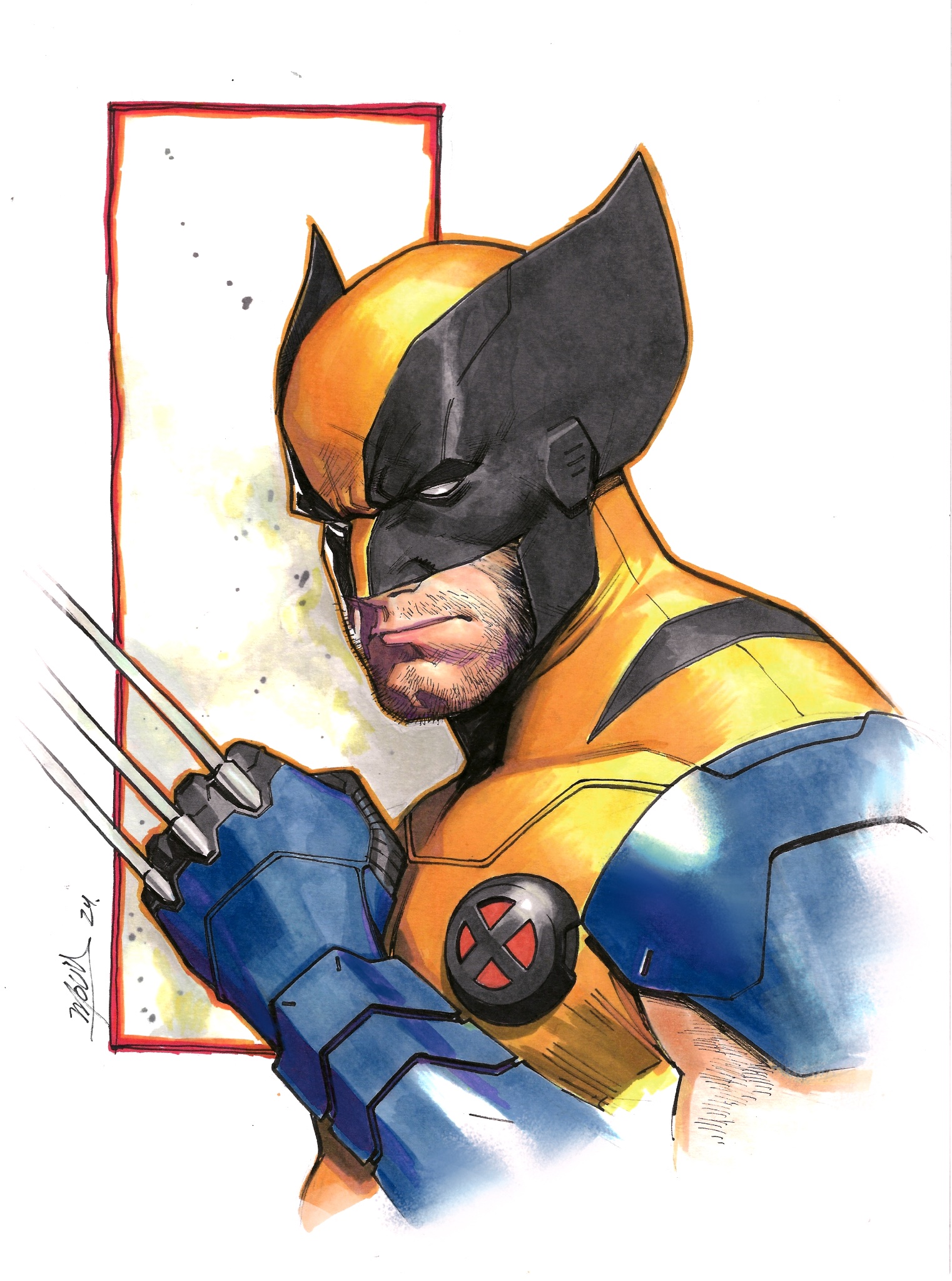 a closeup illustration of wolverine, a marvel superhero, with a yellow and black costume, blue claws, and a red xmen logo. the image is drawn in a comic book style and captures wolverine's intensity and fierce demeanor.