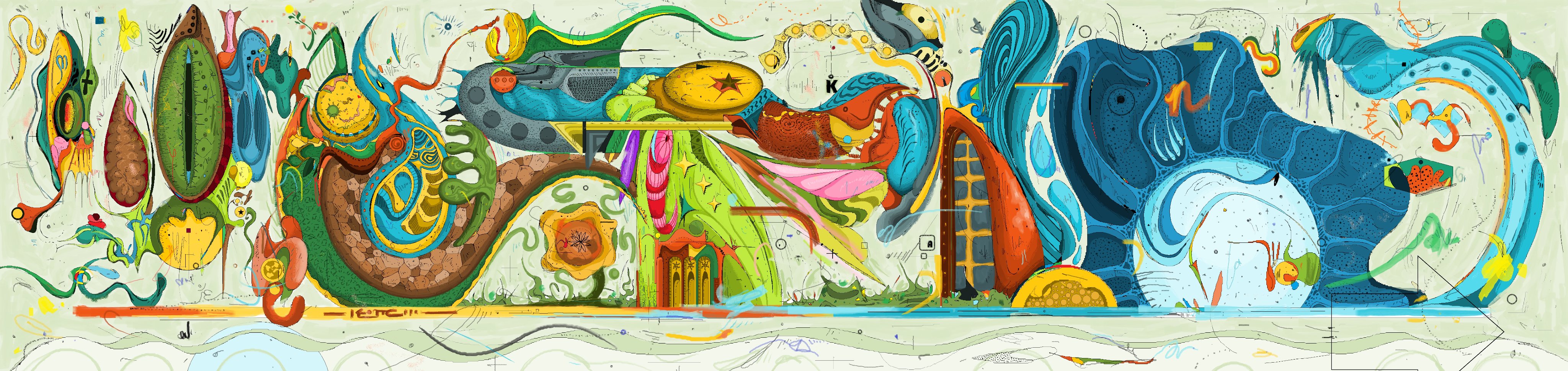 the image is a vibrant and complex abstract artwork created digitally. it features a multitude of organic shapes and flowing lines in a wide array of bright, saturated colors, including teal, orange, yellow, green, and pink.  the shapes appear both biomorphic (resembling living organisms) and geometric, creating a sense of fluidity and structure simultaneously.  the overall style leans toward surrealism, with elements appearing fantastical and dreamlike. there's a high level of detail, with textures and layering suggesting a collagelike effect. the composition is rich and dense, filling the canvas completely, with smaller details interwoven into larger shapes. the piece feels lively and energetic, with a whimsical tone.