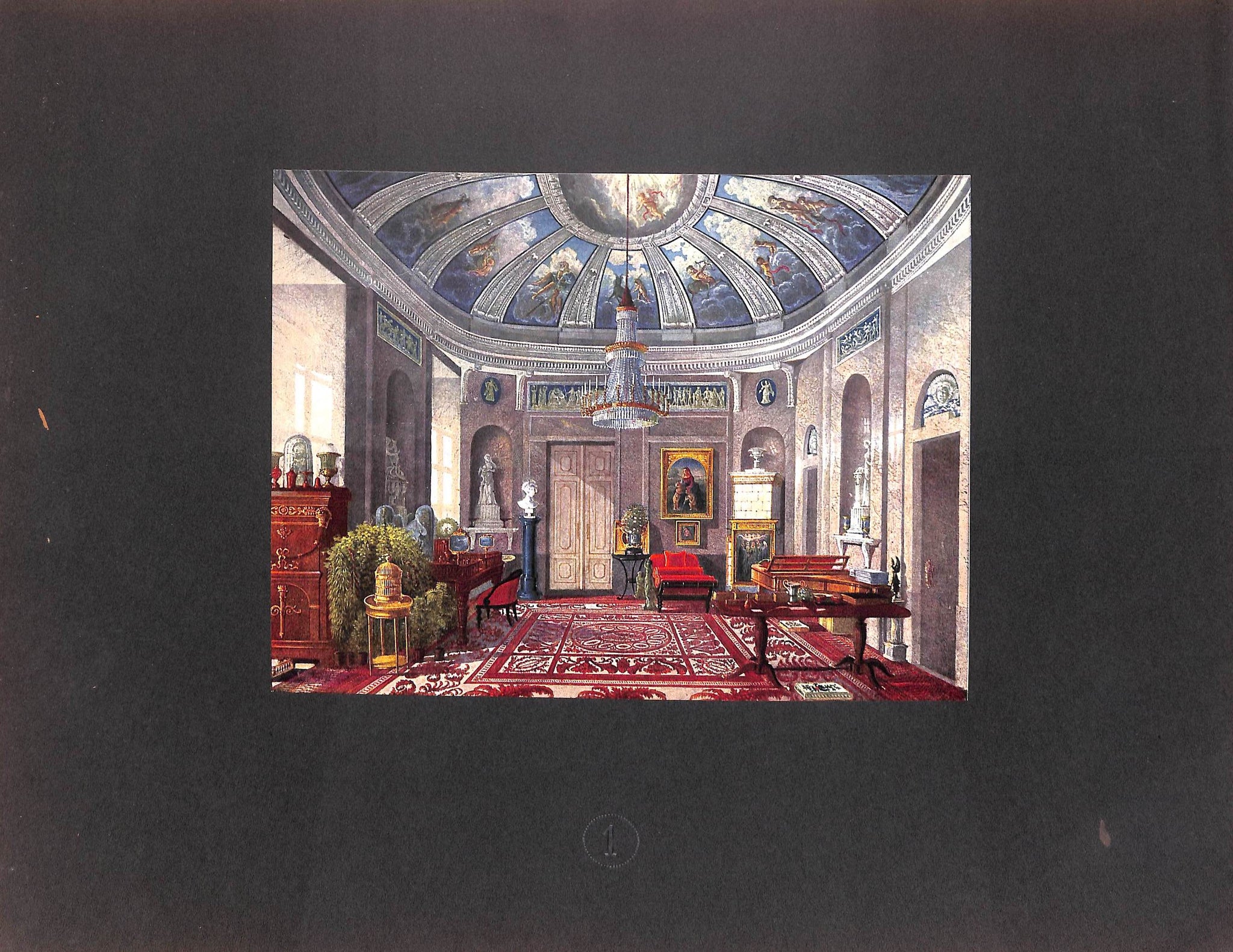 interior view of a grand room featuring a painted dome, a chandelier, various paintings and sculptures, rich furniture, and a patterned rug, rendered in a classical style.