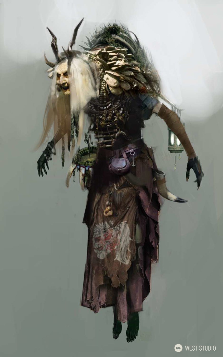 the image showcases a digital painting of a witch or shaman, likely a character concept art. the figure, with dark gray skin and draped in tattered clothing adorned with bones and trinkets, floats against a muted graygreen background. a grotesque second head, pale and withered with long white hair, sprouts from the figure's upper back.  the figure clutches a lantern in one hand. the overall style leans towards dark fantasy, with the muted palette and unsettling details contributing to the eerie atmosphere.