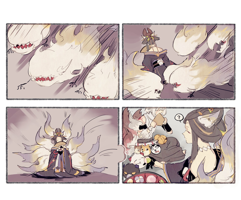the image is a fourpanel comic featuring a female character with nine tails who seems to be a kitsune or a ninetailed fox. the first panel shows the fox character surrounded by fluffy white, cloudlike forms that are dispersing. the second panel shows the same fox character in a kimono, looking determined. the third panel shows the character in a different, more formal kimono with their nine tails spread out and flowing around them. the final panel shows the character interacting with another character, possibly human, who seems surprised by the character’s transformation. there are also other smaller characters, possibly animallike, around them. the comic style is light and airy with a delicate, almost dreamy, color palette. the lines and shapes are fluid and dynamic, giving a sense of movement and energy. the overall tone of the comic is playful and magical, suggesting a story of transformation, possibly involving a kitsune who is a shapeshifter.