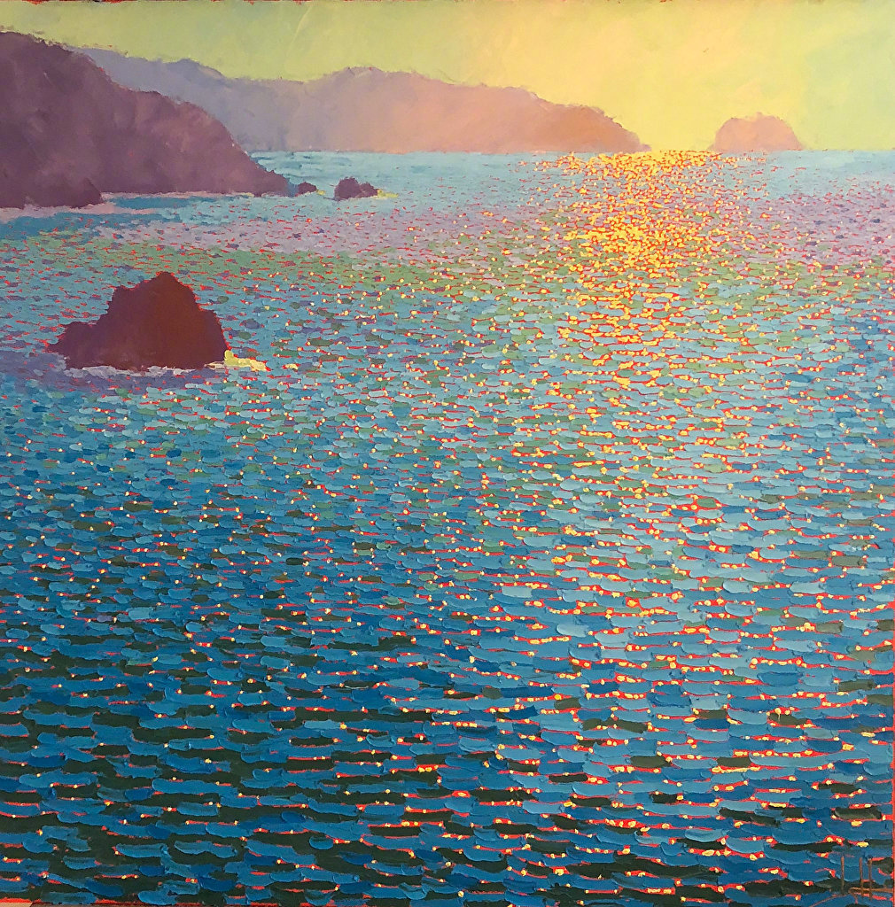 this is a painting depicting a sunset over an ocean. the sun, low on the horizon, casts a golden path across the water towards the viewer. mountains in silhouette line the horizon on the left, while closer to the foreground, dark rocks break the surface of the water. the sea is painted with visible brushstrokes, creating a textured effect, particularly in the reflection of the setting sun.