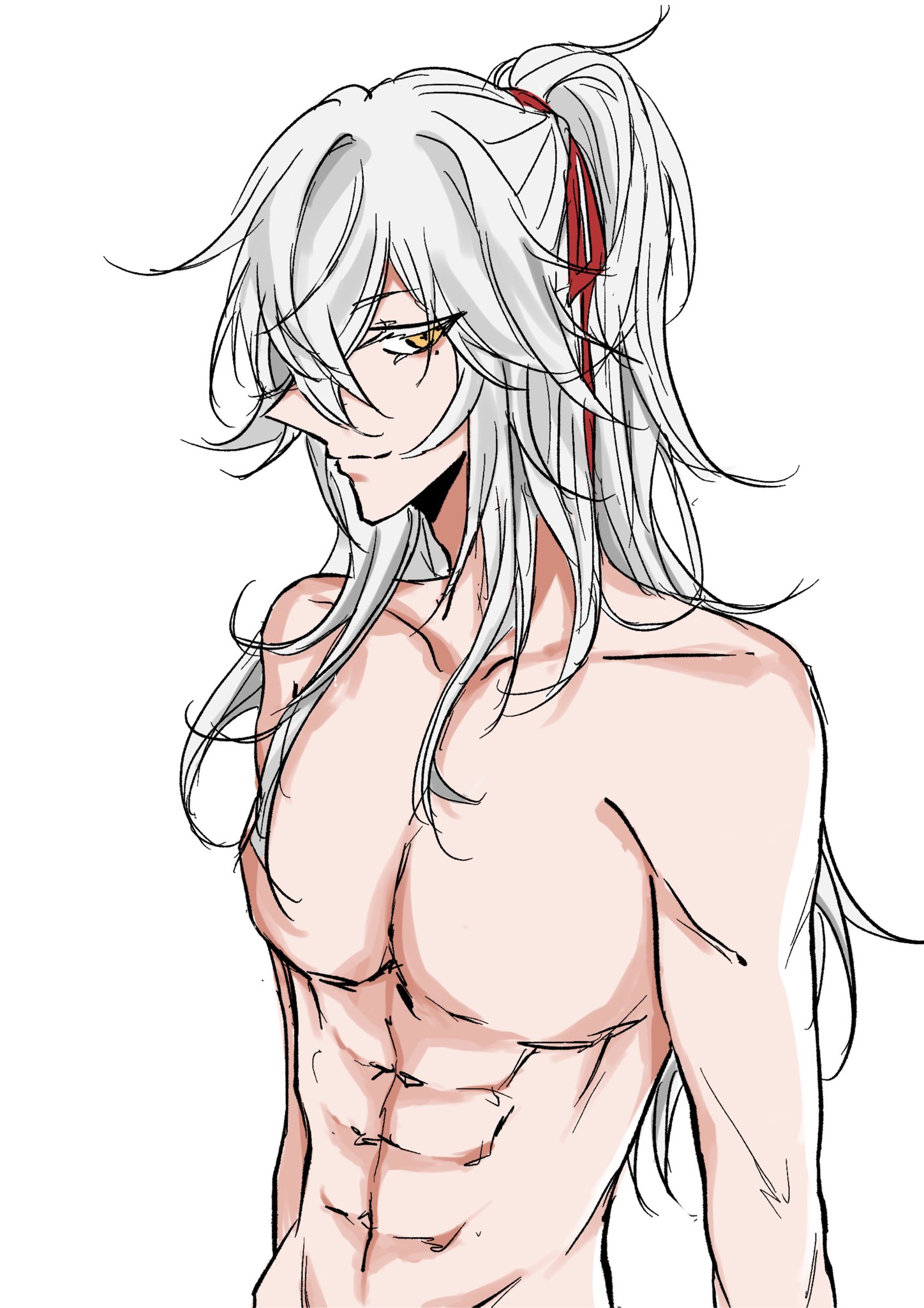 a line drawing of a shirtless anime man with long white hair tied back in a ponytail with a red ribbon. he is muscular and has a six pack.