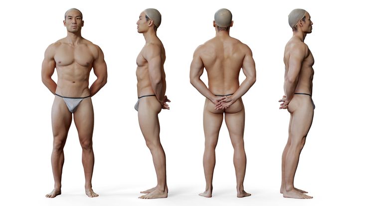 four muscular men in various poses are depicted. they are all wearing swim briefs. the men are all standing with their arms at their sides, and they are all looking straight ahead. they are all muscular and fit, and they all have a confident expression on their faces. the men are all photographed from the side. they are all standing on a white background. the lighting is bright and evenly distributed. the image is wellcomposed and the men are all positioned in a way that allows the viewer to see their physique in its entirety.