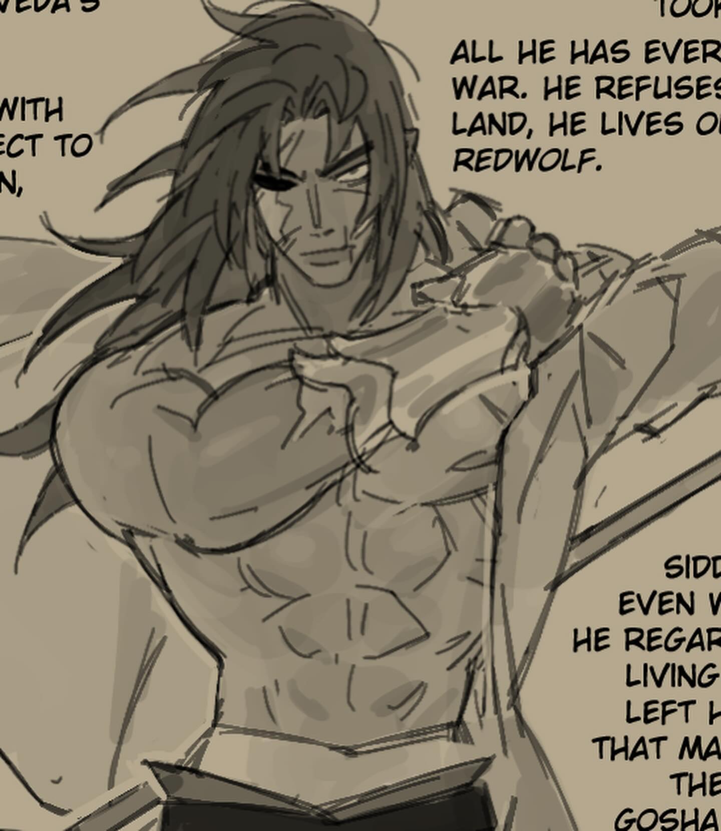 a black and white drawing of a muscular man with long hair, shirtless, looking over his shoulder.  he has a shirt on but it's being pulled back over his shoulders.  the drawing is done in a style that resembles manga or anime art.