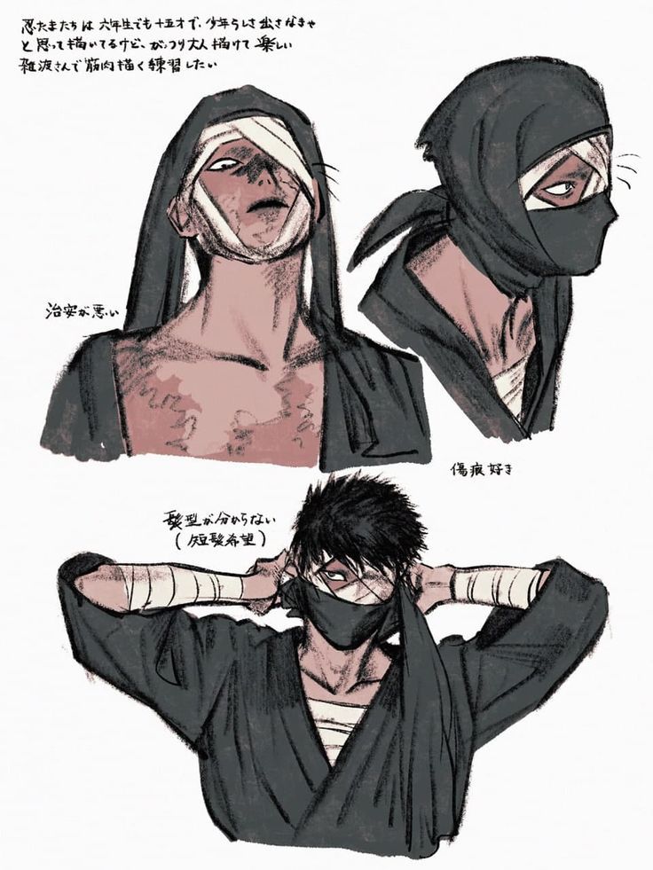 this is a drawing of three different anime boys, the left two have bandages on their faces and the right one has a bandaged head and a bandaged forearm.  the boy on the left is looking up, while the boy on the right is looking to the side. the boy on the left has black hair and is wearing a black robe with a white collar. the boy on the right has black hair and is wearing a dark grey longsleeved shirt with a black scarf. the boy in the middle has black hair and is wearing a long black shirt with a black collar. all three boys are drawn in a manga style with thick outlines and cross hatching.  the characters are drawn in a style that is reminiscent of manga.  the background is white.