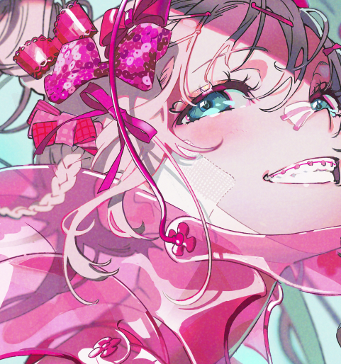this is a closeup illustration of an anime girl. she is drawn in a vibrant, colorful style and has large blue eyes, a wide smile showing her teeth, and bandages on her face. her hair is styled with pink bows, and she is wearing a pink outfit. the background is a light bluegreen.