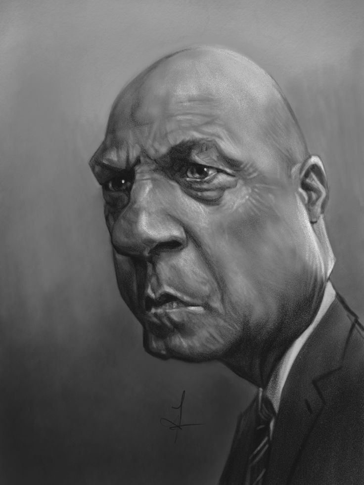a black and white caricature portrait of a bald man wearing a suit and tie. the style is a digital painting.