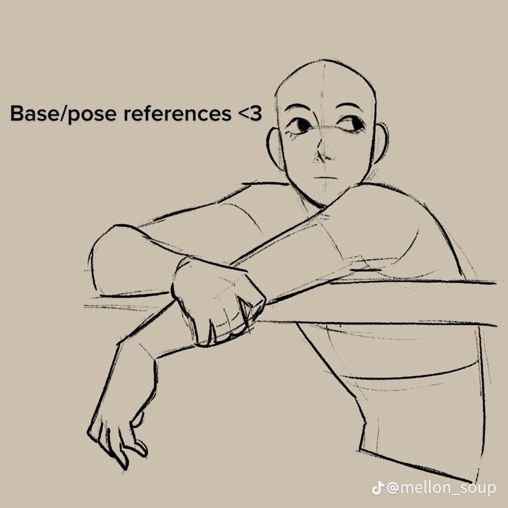this image is a drawing of a male figure. it is a reference for artists who want to draw a character in a similar pose. the drawing is a simple outline of a man sitting with his arms crossed and his chin resting on his hand. the lines of the drawing are clean and simple.