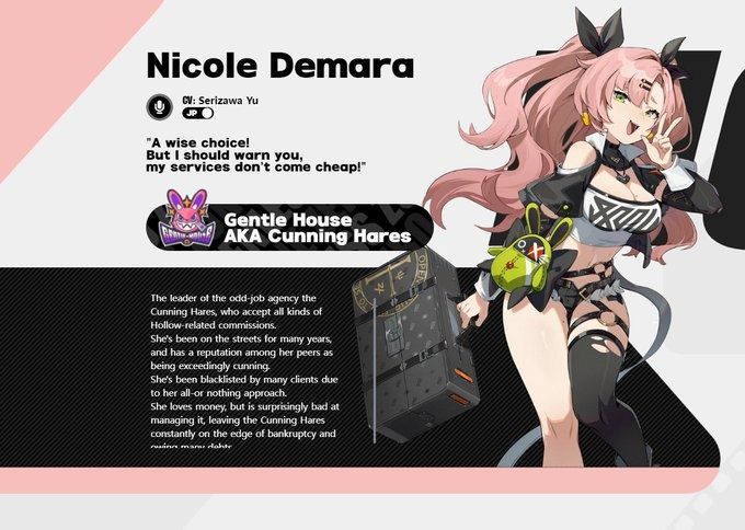the image is promotional artwork for a character named nicole demara from a game or anime.  the artwork features a stylized anime girl with long pink hair and a black outfit. she's carrying a briefcase, and her name and some personality details (like her agency's name: "gentle house" aka "cunning hares," and a description that she is cunning but financially irresponsible) are displayed.  the style is reminiscent of character art often seen in video games or anime. the text provides background information, describing her as the leader of a slightly chaotic, yet successful, oddjob agency.