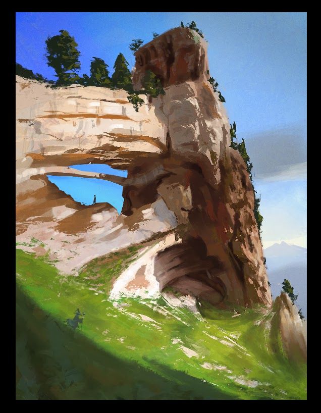 a painting depicting a rocky mountain landscape with a natural rock arch. a figure stands on top of the arch, with a second figure on horseback on the grassy slope below. the mountain is composed of tan and brown rock formations with patches of green vegetation. the sky is blue with some clouds. the artwork has a painted, digital art style.
