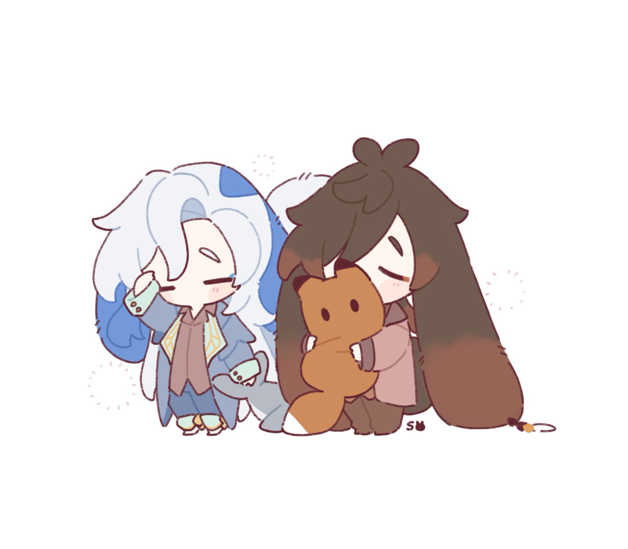 the image is a digital drawing featuring two chibistyle anime characters. one appears to be a boy with light blue hair and a light blue and teal coat and the other appears to be a girl with brown hair, both are hugging a small orange fox plushie. they are depicted in a soft, gentle style with pastel colours, conveying a sense of calm and friendliness. the art style is characterized by its large eyes and simple, rounded shapes, typical of "kawaii" aesthetics. the overall mood is peaceful and heartwarming.