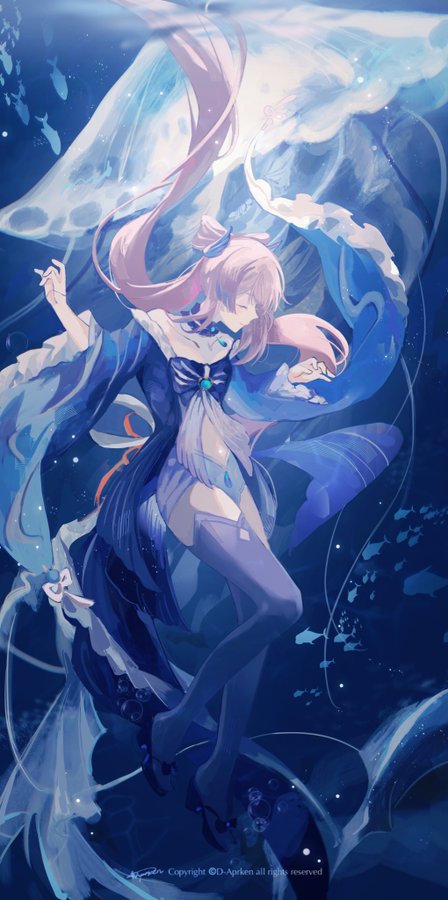the image depicts an anime girl with long pink hair and a flowing blue dress underwater. she is surrounded by jellyfish and fish, and the water is a deep blue color. the girl is glowing with a soft light, and there are stars and sparkles in the water around her. the overall image is very beautiful and dreamlike.