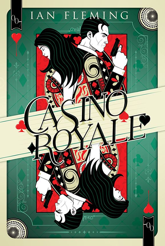 the image is a book cover for "casino royale" by ian fleming. the cover features an illustration designed to look like a playing card, with a man holding a gun and a woman on either side of the title. the text "casino royale" is in large font on a creamcolored banner across the card. the background color is green, and the card suits (hearts, diamonds, clubs, spades) are scattered throughout the image. "ian fleming" is written at the top of the card. the characters appear as if they are on a playing card.