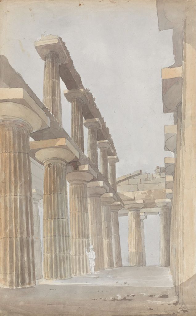 a watercolor painting depicts the interior of the parthenon in athens, greece, showcasing doric columns and architectural ruins. a person is standing between the columns.