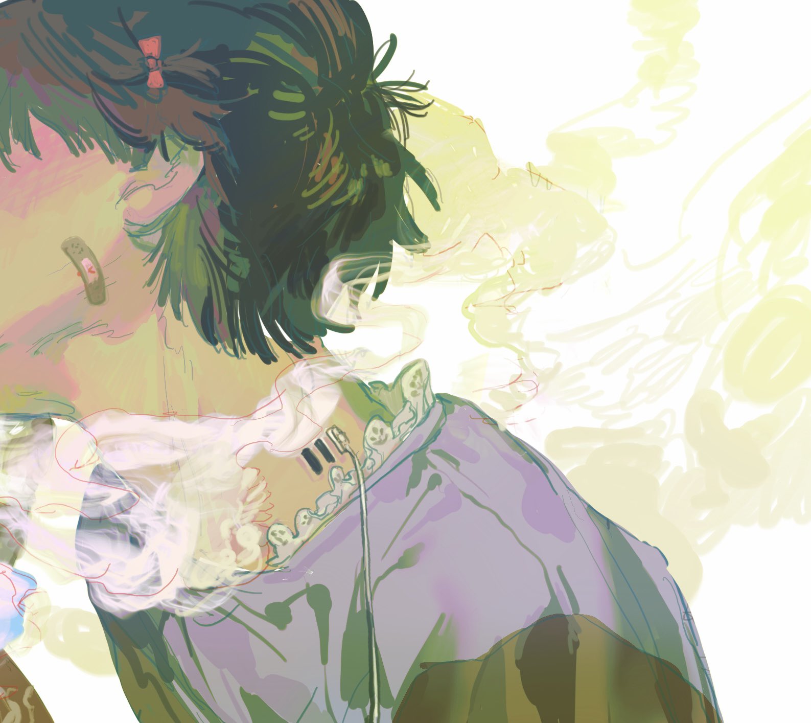 the image is a stylized portrait of a person with short, dark green hair partially obscured by plumes of smoke. the style is reminiscent of anime or digital illustration, with a focus on linework and color rather than realism. the person's face is turned away, and their expression is hidden. they wear a purple shirt with white ruffled collar and a black and white choker. the smoke billows around their head and neck, creating an abstract and dreamlike atmosphere. the overall color palette is muted, with shades of green, purple, and gray dominating the composition.