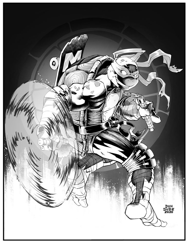 this is a black and white illustration of leonardo from teenage mutant ninja turtles. he is holding his sai, and skateboarding while in the middle of an attack. the illustration has a comic book art style.