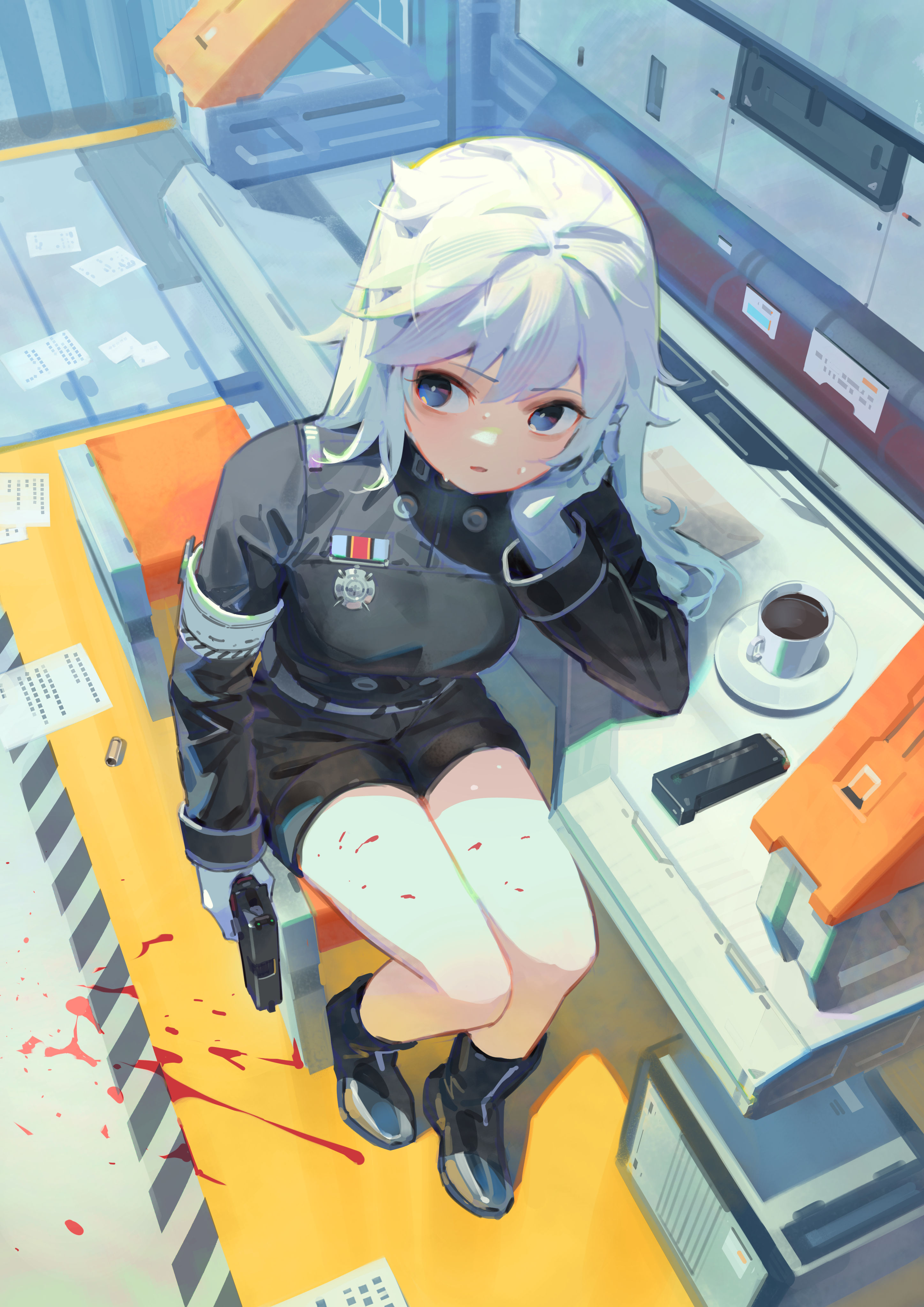 the image is a digital illustration of an animestyle girl with long, white hair. she's wearing a darkcolored militarystyle uniform and is sitting at a table in a futuristic setting. there are blood stains on her legs, suggesting she's injured. she appears pensive or tired, with her chin resting on her hand. a coffee cup and a gun are on the table near her. the overall style is a mix of manga and scifi elements. the background features what looks like a spaceship interior or a hightech facility.