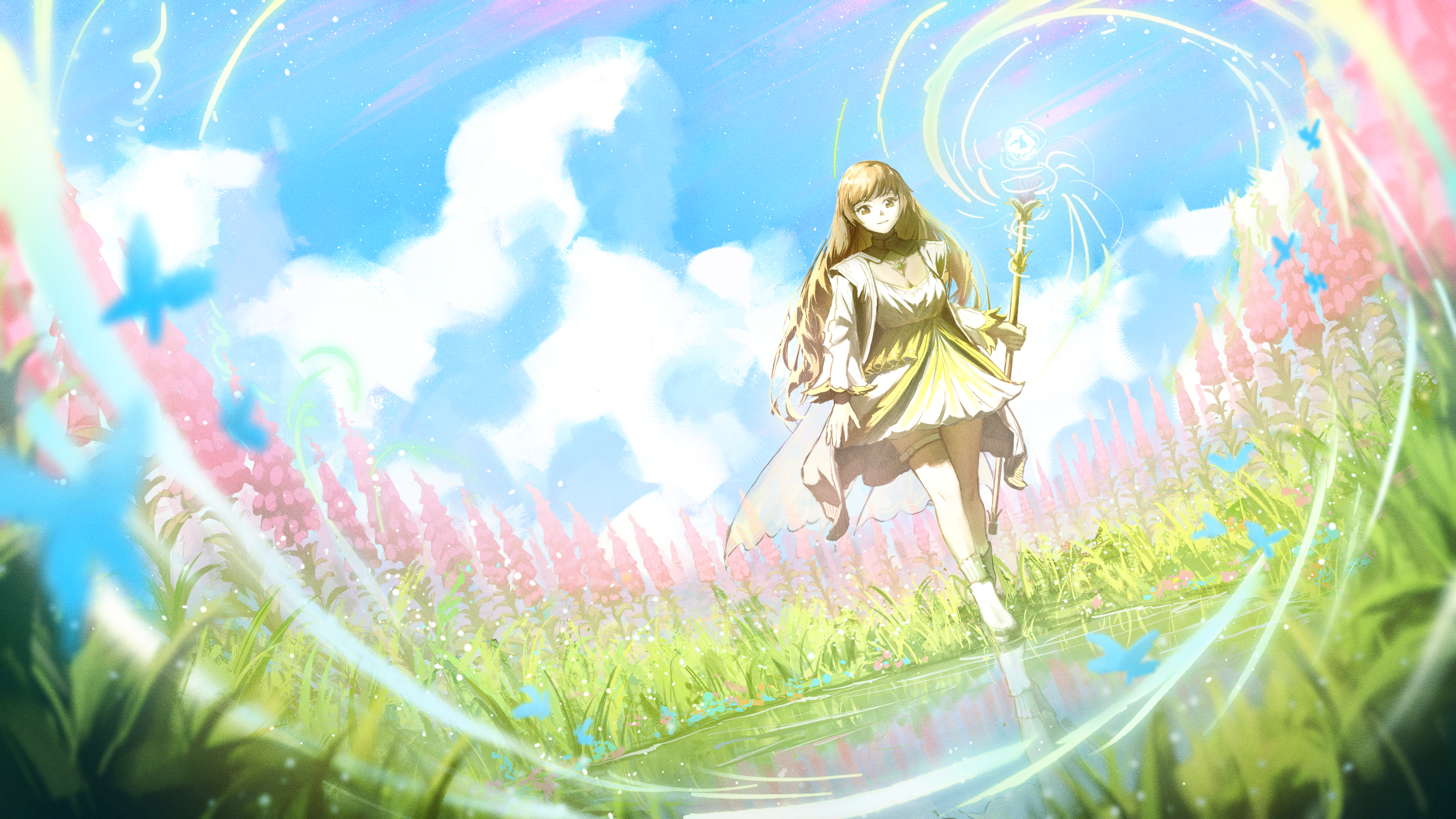 he image is a digital painting of an animestyle girl with long brown hair, wearing a light yellow and white dress, and carrying a golden staff. she is walking through a field of pink and purple flowers, with butterflies fluttering around her. the sky is bright blue with fluffy white clouds, and the overall atmosphere is bright, whimsical, and peaceful. the style is soft and painterly, with a focus on light and color. there is a reflection of the girl and the field in a calm body of water at her feet, further enhancing the ethereal and dreamlike quality of the scene.  the swirling lines around the girl suggest magic or movement.