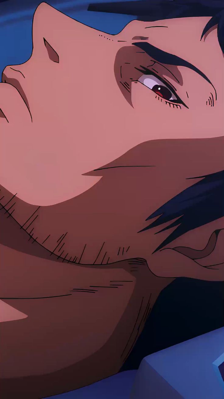 a closeup portrait of an anime man's face. he has dark hair and visible scars on his cheek and neck. the lighting is dramatic, casting shadows across his face and highlighting the contours of his features. he has a serious expression with his eye open. the background is a dark blue.