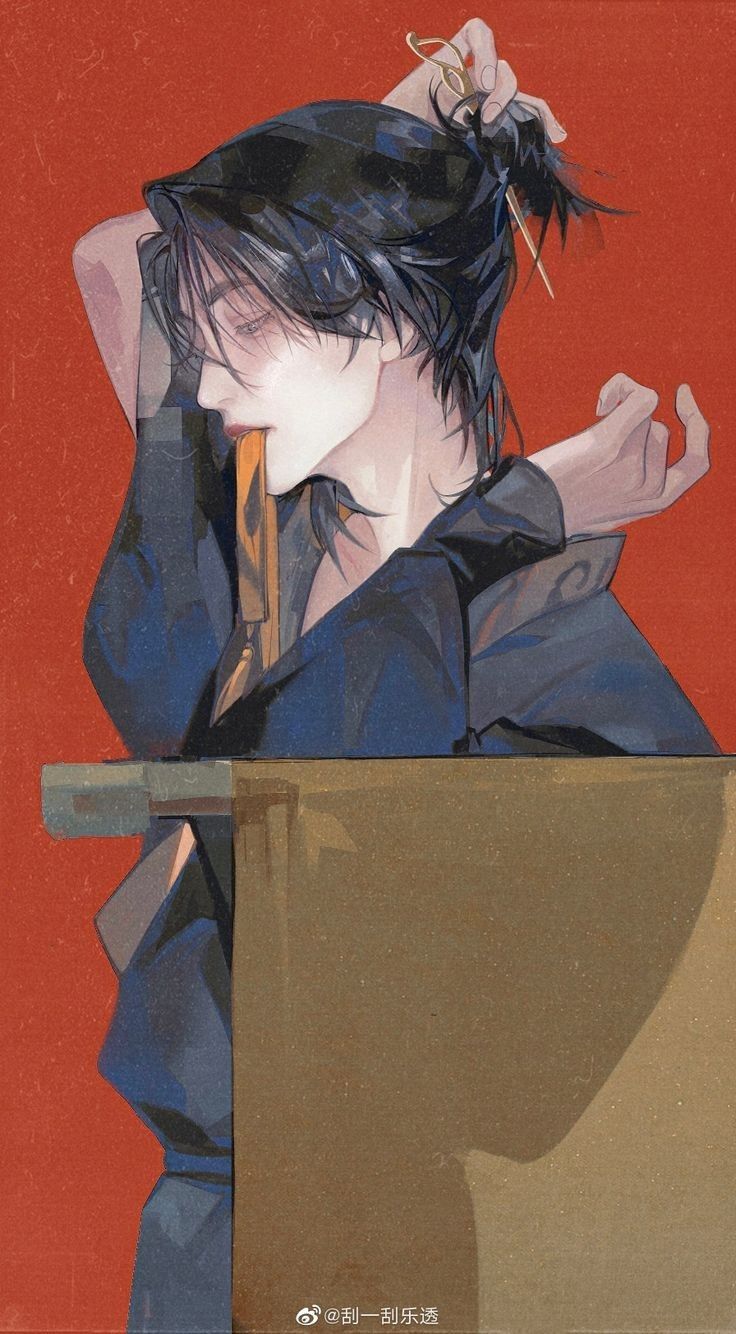 an illustration of a man with long, dark hair. he is wearing a dark robe. he is holding a pair of scissors in his hair. he is sitting at a table. the background is red.