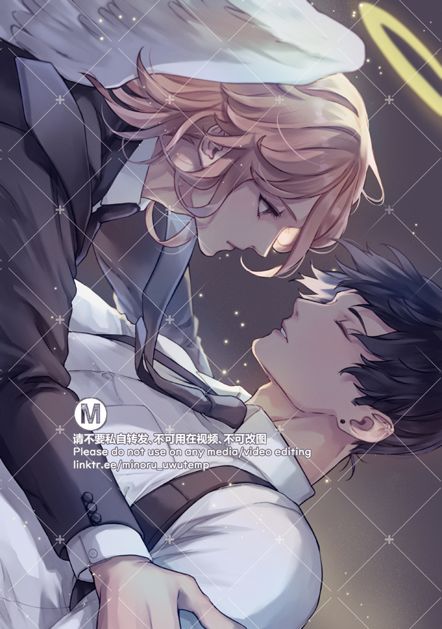 this is a digital art of a romantic anime couple, an angel with angelic wings and a halo on her head,  is looking at a man holding her close. the couple is blushing and seems very affectionate.  the background is a soft, dreamy light, with a halo above the woman's head.  a small “m” is in the corner of the image.