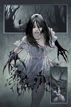a comic strip featuring a young woman transforming into a monstrous creature. she has long, dark hair, pale skin, and is wearing a torn white dress. her fingers have extended into sharp claws, and her dress appears to be dissolving into tendrils of darkness. the background of the comic is a dark and foreboding forest, with the panels arranged to create a sense of movement and chaos.