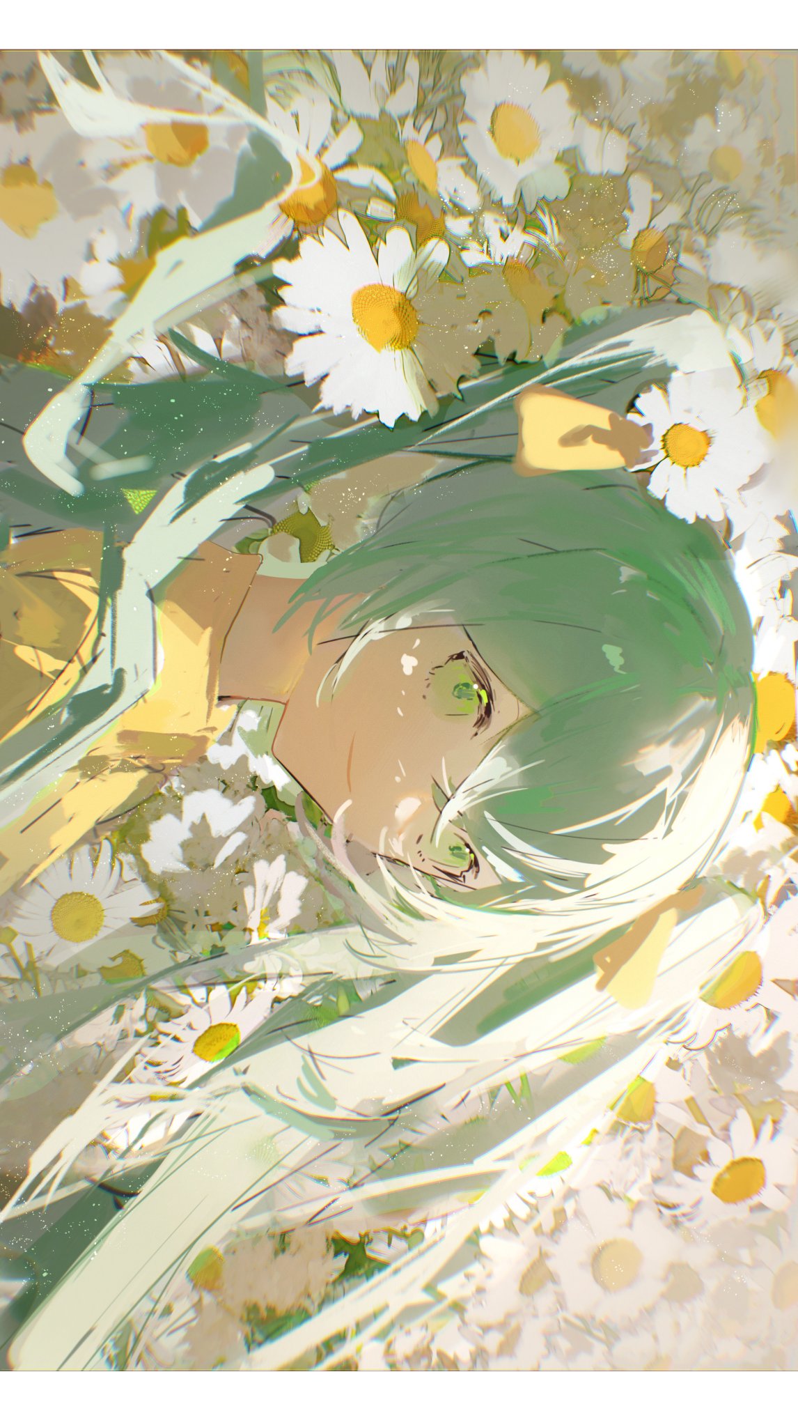 he image is a digital painting or illustration of an animestyle girl with long, flowing green and white hair lying amongst a field of daisies.  the style is soft and dreamy, with pastel colors and a focus on light and texture. the girl's expression is peaceful and serene.  the overall mood is one of happiness and tranquility.  the daisies are prominently featured, forming a natural frame around the girl. the art style is painterly, with visible brushstrokes, giving a soft, almost watercolorlike feel.