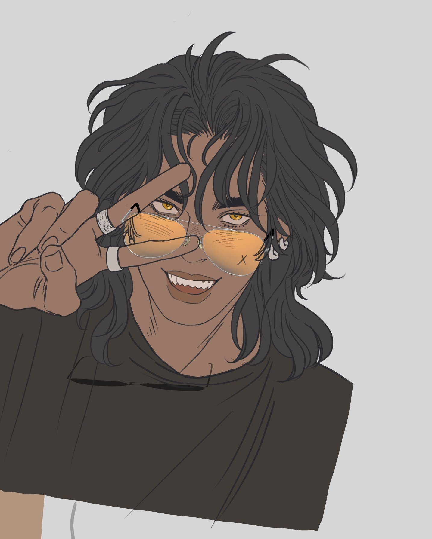 a cartoon drawing depicts a man with dark hair, wearing yellow tinted glasses, and holding up a peace sign. he has multiple rings on his fingers and earrings. he is smiling, revealing his teeth. he is wearing a tshirt.