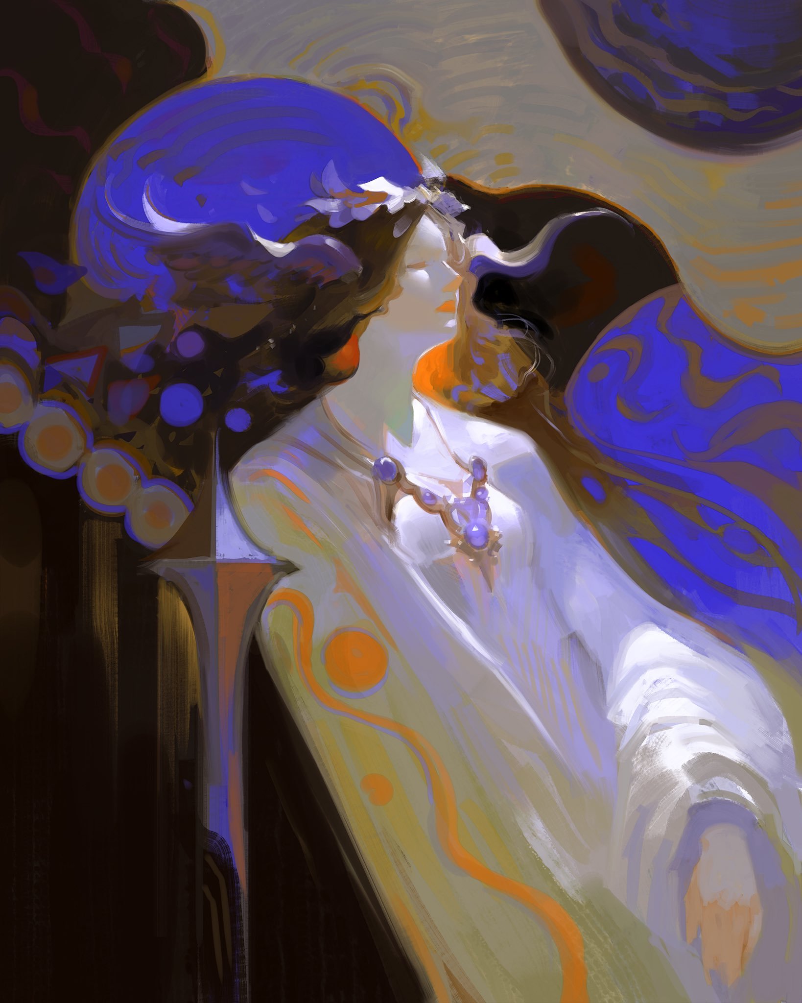 a painting of a woman's face, with her long, flowing hair, and a dreamy, ethereal quality. the woman appears to be floating in space, against a background of swirling nebulae and stars. the painting is full of soft colors and textures, and evokes a sense of wonder and mystery.