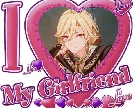 his is a fanart image featuring albedo from genshin impact. he's depicted in a heartshaped frame with the text "i love my girlfriend". the overall style is cute and romantic, using bright pink and purple colors.  the image is clearly fanmade and expresses affection for the character.