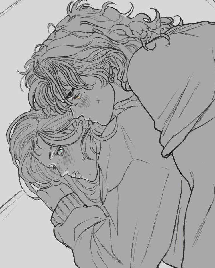 an animestyle line art drawing depicts two individuals in an intimate embrace. the figures have detailed curly hair and are rendered in a monochrome palette, suggesting a digital sketch or illustration. the drawing conveys affection and closeness between the two people.