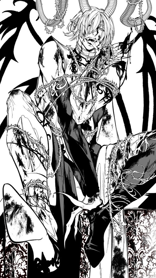 a horned demon with dark, sharp eyes is bound by chains, his face is filled with pain. the image is black and white and features a gothic, horror style. the demon is surrounded by a dark and mysterious atmosphere.