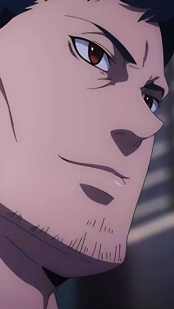 a closeup portrait of an anime man with short dark hair and piercing brown eyes. he has a serious expression on his face with a hint of a smug smile. the lighting is dramatic, casting shadows across his face and highlighting his sharp features. the background is blurred, suggesting an indoor setting.