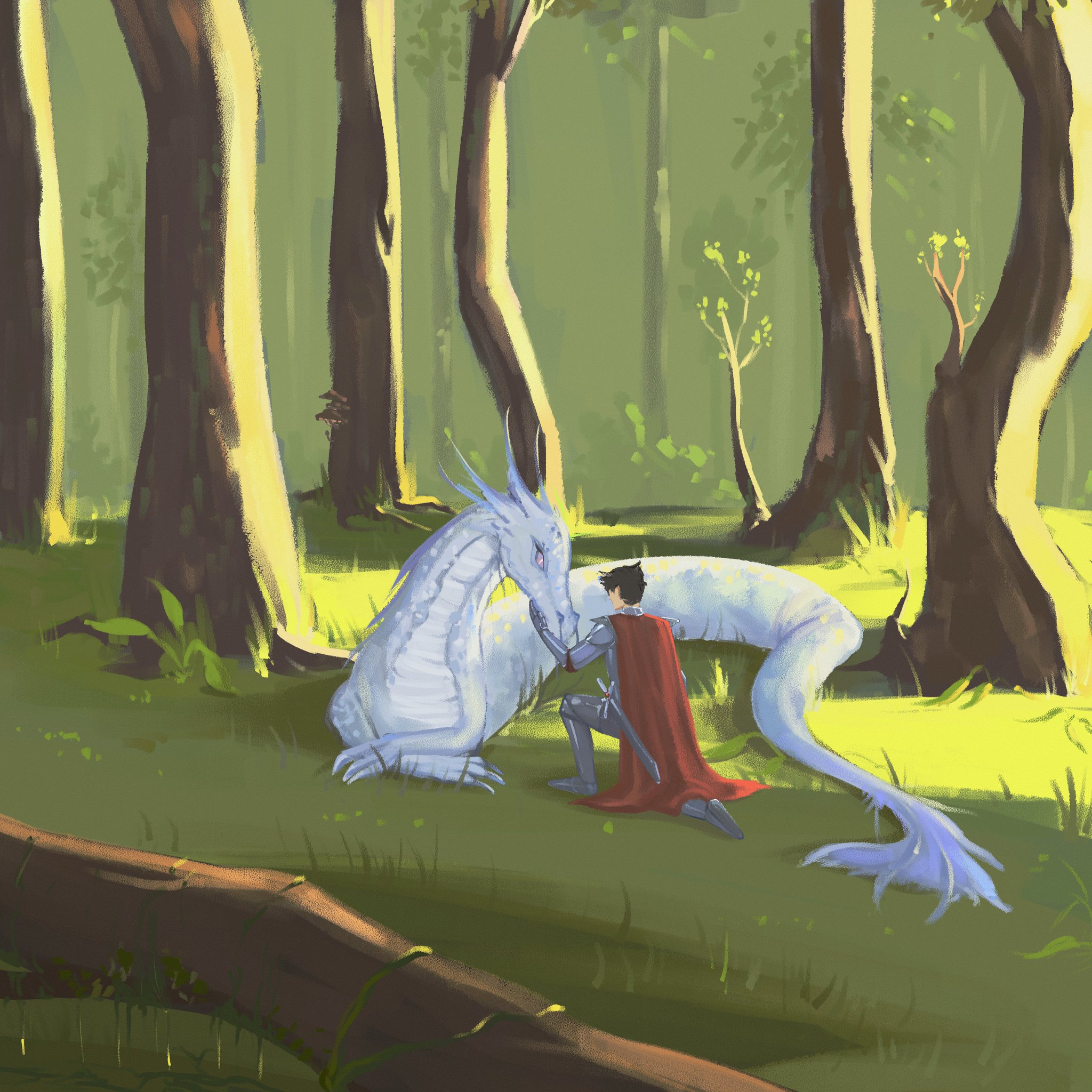 a white dragon and a knight with red armor and a cape are kneeling in a forest, surrounded by green trees. the dragon's eyes are closed, and the knight is looking down at the dragon. the dragon's tail is curled around the knight. the scene is peaceful and magical. the trees are thick and green, and the sun is shining through the leaves. the image evokes a sense of wonder and magic.