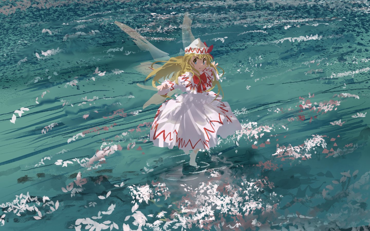 the image is a digital painting of an animestyle fairy girl. she has long blonde hair, a white dress with red accents, and small wings.  she is standing in tealcolored water, surrounded by white petals that appear to be floating on the surface. the overall style is painterly and ethereal, with a soft focus and a dreamy atmosphere. the color palette is predominantly cooltoned, with the blues and greens of the water contrasting with the white and red of the girl's dress. the scene evokes a sense of calm and magic. the character strongly resembles cirno from the touhou project.