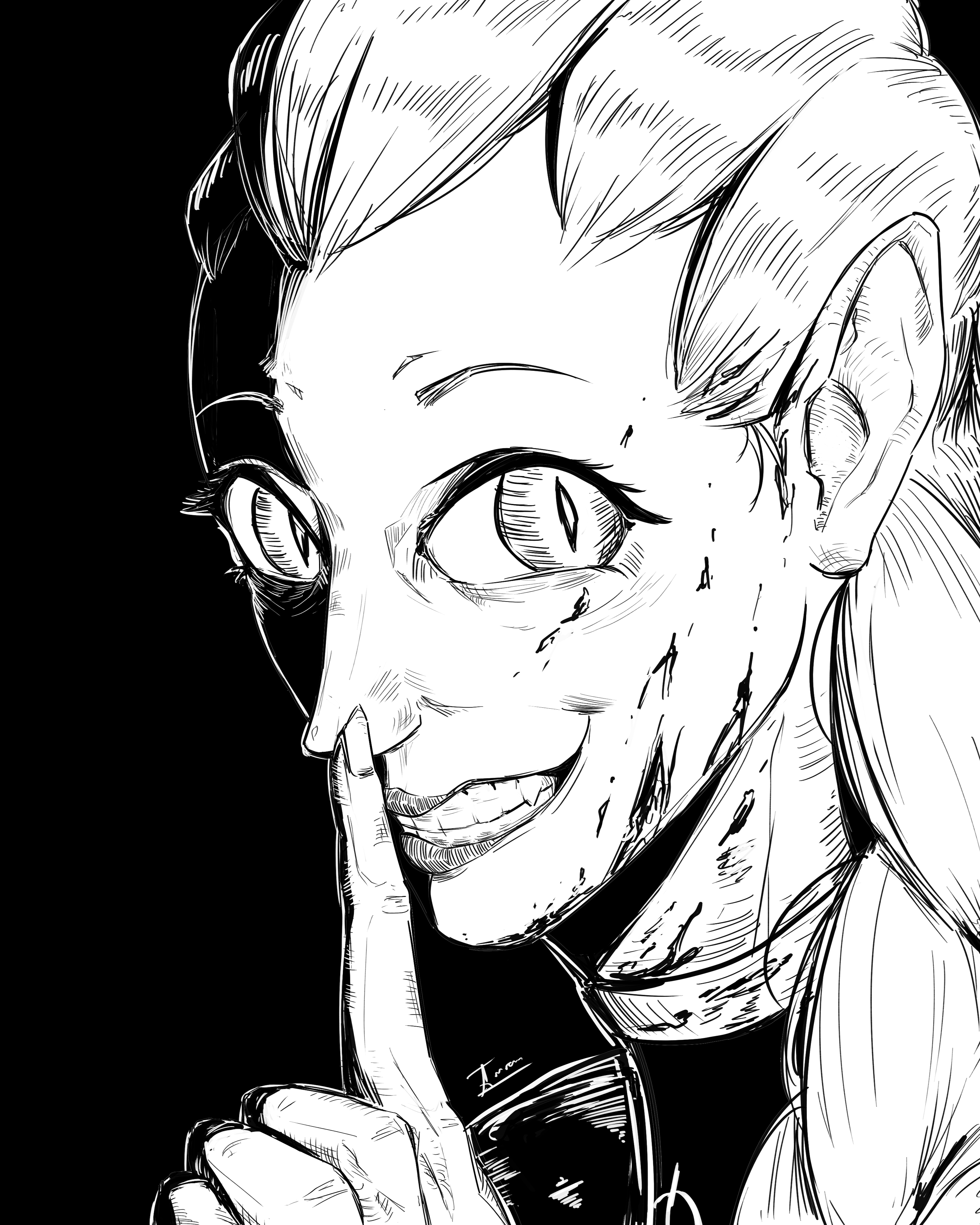 a black and white line art drawing of a woman, possibly a young girl, with a mischievous and creepy look on her face. she is holding her finger up to her lips, indicating that she is trying to keep a secret. the details of her face are dark and mysterious, and she appears to be smiling menacingly.