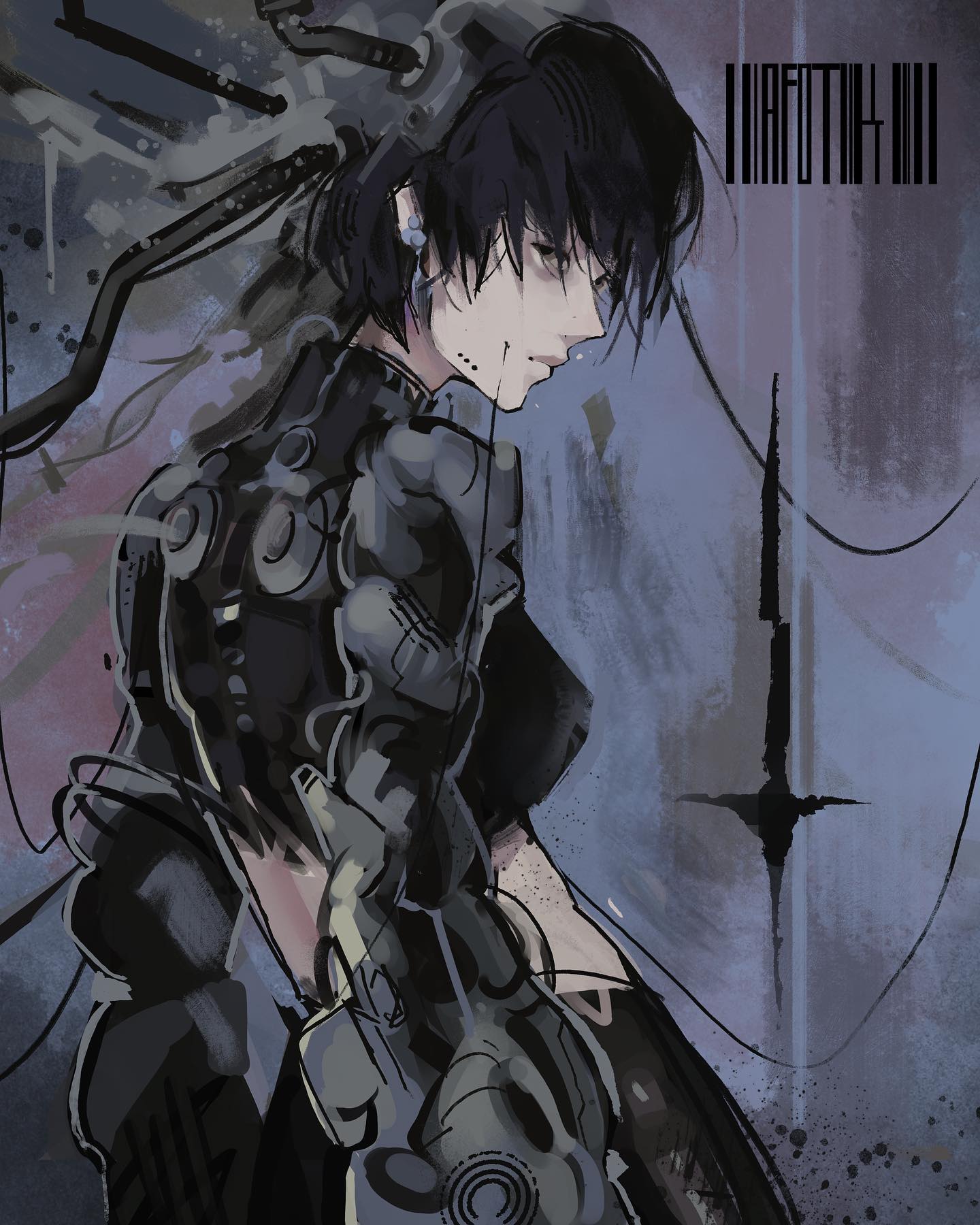 the image showcases a digital painting of a young man with short black hair and piercing blue eyes, styled in a way reminiscent of anime or manga. he appears melancholic, his head slightly tilted down. the man is adorned with intricate cybernetic enhancements, most notably a complex robotic arm that extends from his left shoulder and a network of wires and devices seemingly connected to the back of his head. the background features an abstract composition of dark, muted colors, adding to the overall cyberpunk aesthetic.