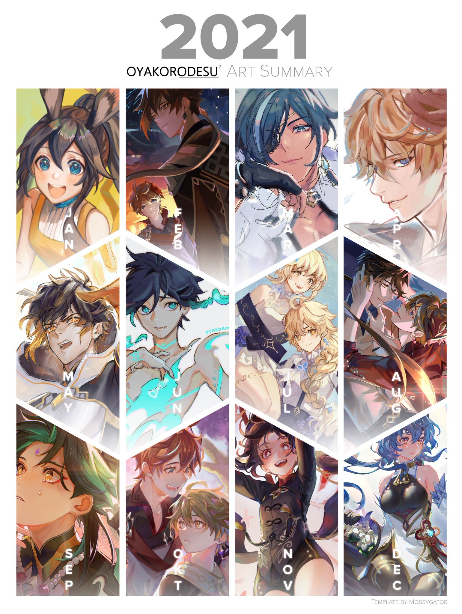 this image is a calendar of genshin impact fanart that features the popular game's characters each month. there are various pairings, each month is labeled with a letter that spells out "oyakorodesu" when read from left to right, downwards, and across the bottom. the art is done in an anime style, using vibrant colors and expressive details.
