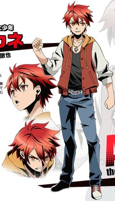 the image is a character design sheet for an anime or manga. it features a young man with spiky red hair and brown eyes. he's wearing a red zipup hoodie over a black shirt, blue jeans with a chain, and white sneakers with red accents. the drawing showcases the character in different angles and expressions, including a closeup of his face. the background is white, making the character and his vibrant colors stand out.