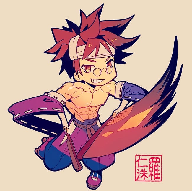 the image is a stylized chibi drawing of a muscular anime boy. he has red hair, glasses, and is wearing a colorful outfit reminiscent of japanese clothing, along with a large fan. his expression is confident and playful. the art style is vibrant and dynamic.  a japanese stamp or seal is included in the lower right corner.