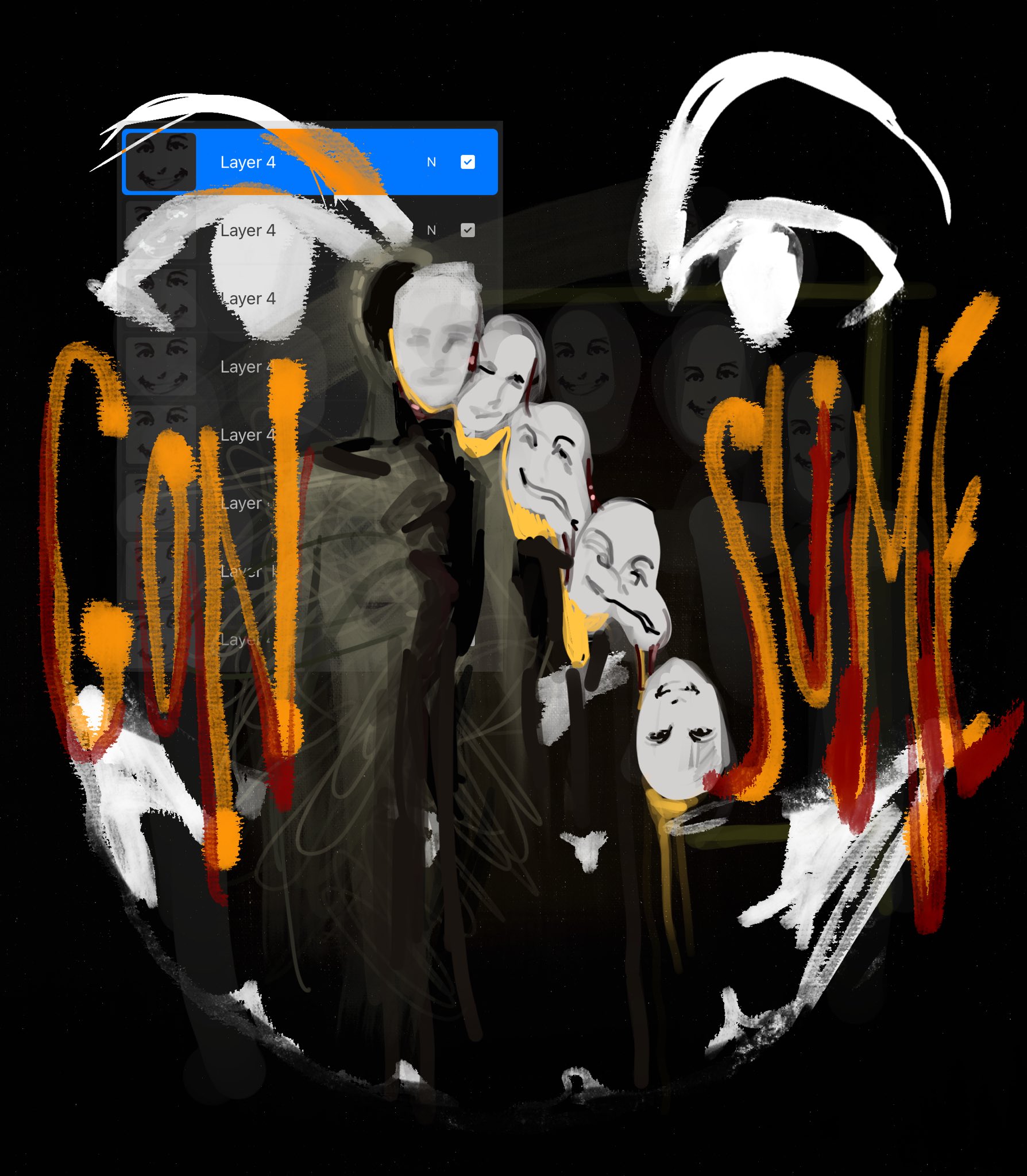 the image depicts a crowd of people with their faces obscured by identical, digitally layered masks. the faces on the masks are smiling eerily. the word "consume" is painted over the image in large, bold letters, partially obscuring the figures. the overall tone of the image is dark and unsettling, suggesting themes of consumerism, conformity, and the loss of individual identity in a digitally saturated world.