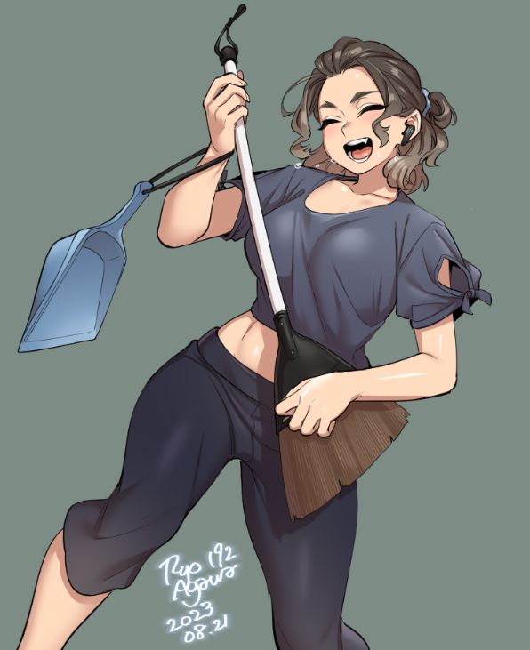a drawing of a young anime girl with dark hair and brown hair, she is wearing a casual outfit, and smiling as she holds a broom and dustpan. the background is grey. the drawing is digital art.