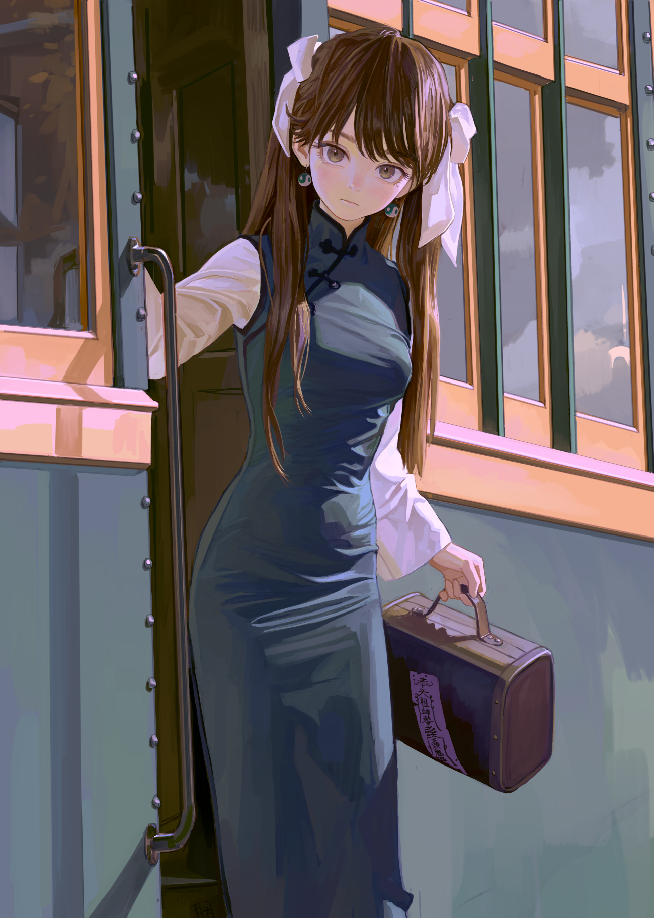 a digital illustration of a woman in a long, dark green dress with chinese style buttons on the collar standing on what appears to be a train. she has brown hair with two white bows, and she is holding a suitcase in her right hand and the handle of the train door in her left hand. she wears earrings and has a neutral expression. the train door has windows with reflections of clouds.
