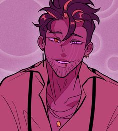 this is a digital art portrait of a man. he has dark purple hair styled with a yellow streak on top, sharp teeth, one visible golden earring, and a smirk on his face. he is wearing a white buttondown with suspenders. the background is various shades of pink and purple.