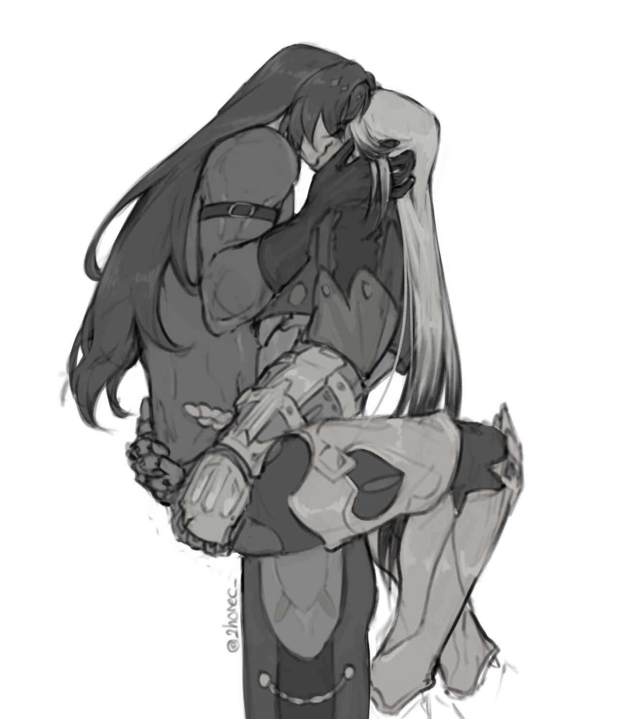 a grayscale drawing depicts a romantic embrace between two characters. one, seemingly female, with long hair and futuristic armor is held close by another character who appears male, also clad in armor. the couple's faces are gently pressed together suggesting a kiss. the style of the art is loose and expressive, characteristic of a sketch or concept art. the overall mood is tender and affectionate.